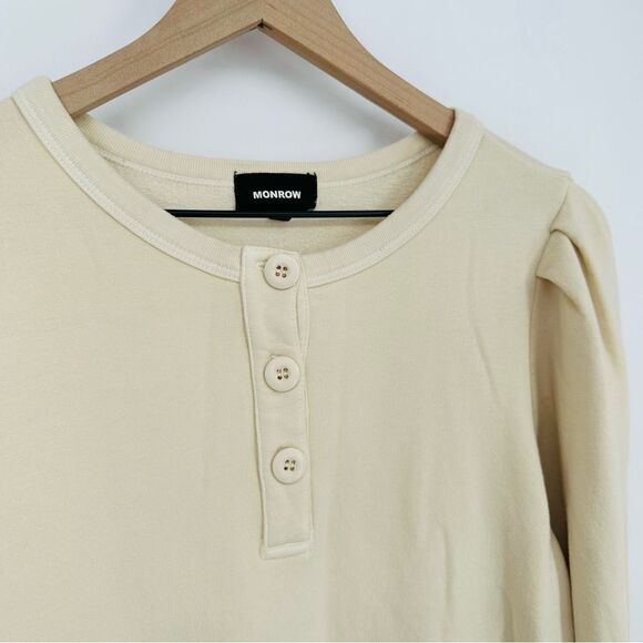 Monrow Tucked Sleeve Henley Pullover Shirt in Cream Women's Small - Picture 4 of 7